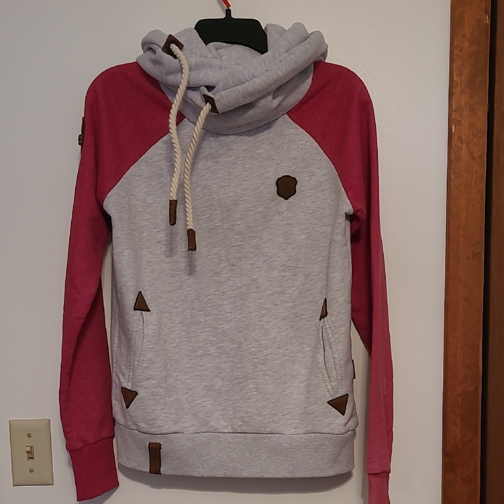 Naketano Hooded Cowl Neck Swestshirt Gray & Red With Vegan Leather Accents SZ M